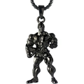 Poliertes Edelstahl-Fitness-Halskette mit Bodybuilder-Anhänger in glänzendem Gun-Black - Schwarzer Muskelmann mit umgekehrter Mütze (NM022b)