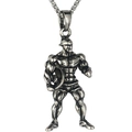 Men's bodybuilding necklace with antique silver dumbbell pendant on box chain - Silver Cap Muscle Man Style (NM022s)