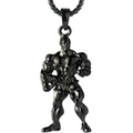 Muscular male bodybuilder dumbbell pendant necklace in sleek black plating for fitness men - Black Cap Muscle Man Style (NM022b)