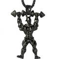Gun black muscular bodybuilder barbell pendant necklace with sleek box chain - Black Barbell Lifting Muscle Man Style (NM023b)