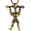 Gold fitness necklace featuring muscular man lifting barbell on a sturdy box chain - Gold Barbell Lifting Muscle Man Style (NM023g)