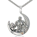 Silver vintage dumbbell pendant with muscular figure on crescent moon charm - Crescent Moon Dumbbell Style - Silver (NM019s)
