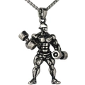 Antique silver muscular man pendant with box chain, vintage fitness jewelry design - Silver Double Dumbbell Muscle Man Style (NM024s)