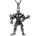 Macro detail of bodybuilder pendant with dumbbells and vintage steel box chain texture - Dumbbell Side Raising Man (NM021s) / Antique Silver