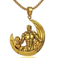 Vintage gold bodybuilding pendant featuring a muscular man lifting weights with a crescent - Crescent Moon Dumbbell Style - Gold (NM019g)