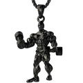 Matte black dumbbell weightlifting pendant with muscle man design on box chain - Black Double Dumbbell Muscle Man Style (NM024b)