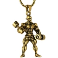 Men's dumbbell weightlifting pendant necklace with muscular athlete in antique gold finish - Gold Double Dumbbell Muscle Man Style (NM024g)