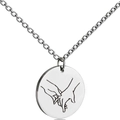 Close-up of engraved stainless steel round pendant with minimalist hand gesture line art - Hand Touching