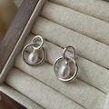 Elegant S925 sterling silver drop pearl earrings with vintage nested double ring design - Double Ring Pearl Style (EHY120) / 925 Silver