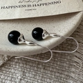 Minimalist S925 sterling silver drop earrings with black onyx spheres on ceramic plate - Black Agate Round Bead Drop Style (EHJ071) / 925 Silver