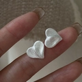 S925 sterling silver heart stud earrings with a vintage brushed matte finish - 925 Silver / Silver (EHJ091)
