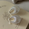 Minimalist S925 sterling silver hollow mesh hoop earrings with polished woven finish - 925 Silver / Silver Hollow Teardrop Style (EHL089)