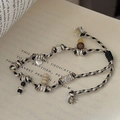Retro S925 sterling silver woven bracelet with heart charm and wood beads on vintage book - Retro Braided Heart Style (5SL51) / 925 Silver