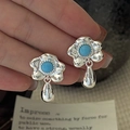 Vintage S925 sterling silver flower earrings with turquoise stone and silver teardrop - 925 Silver / Vintage Floral Turquoise Drop Style(EHM086)