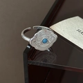 Retro S925 sterling silver adjustable open ring featuring turquoise gemstone and carvings - Adjustable Open / Retro Ripple Turquoise Style (JZA164)