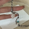 S925 sterling silver pinecone pendant necklace with turquoise bead on braided cord - 925 Silver / Silver Color (5TL34)