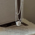 Minimalist S925 sterling silver necklace featuring a textured spherical pendant on layered chain - Silver (22TL25) / 40+5cm