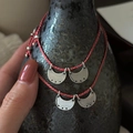 Handcrafted pink braided rope bracelet with vintage S925 silver crescent moon pendant - 925 Silver / Red (14SL12)