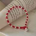 Minimalist red woven rope bracelet with S925 silver beads and a small bell charm - 925 Silver / Red-16CM(14SL44-16CM)
