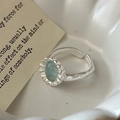 Vintage S925 sterling silver open ring featuring an oval aquamarine and hammered texture - Adjustable Open / 925 Silver / Vintage Aquamarine Style (JZA161)