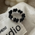 Minimalist S925 sterling silver black agate beaded elastic ring for women - Adjustable Open / Black and Silver Double Row Beaded Style (48JZ34)