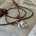 S925 sterling silver elephant pendant necklace with brown woven cord and wood beads - 925 Silver / Elephant Style (7TL42)