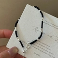 Minimalist S925 sterling silver woven black rope bracelet with bamboo style metal tubes - 925 Silver / Black (2SL55)