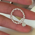 Minimalist S925 sterling silver beaded ring with a small metal apple-shaped pendant charm - Adjustable Open / Apple Charm Style (1JZ45)