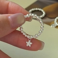 S925 sterling silver beaded elastic ring with small floral charm for women - Adjustable Open / Flower Charm Style (1JZ45)