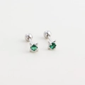 S925 sterling silver four-pointed star stud earrings with square green zircon stones - 925 Silver / Platinum Color (Green Stone)