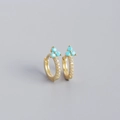 Gold plated S925 silver hoop earrings with turquoise clover and white zircon stones - 925 Silver / Golden Turquoise