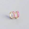 S925 sterling silver huggie earrings in gold finish with pink rectangular zircon - Gold Plated Red Zirconia