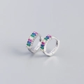 Sterling silver huggie earrings with colorful rectangular zircons in a rainbow pattern - Platinum Colorful