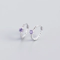 S925 sterling silver hoop earrings with purple zircon and textured ball design - 925 Silver / White Gold With Purple Zirconia