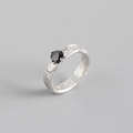 Irregular silver foil texture S925 sterling silver ring with black round zircon stone - Adjustable Open / White Gold