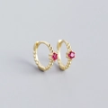 Minimalist gold plated S925 silver beaded hoop earrings with a round red zircon stone - 925 Silver / Red Stone Gold
