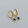 Elegant gold hoop earrings featuring micro-paved black diamonds and pear-shaped drops - Golden (Black Stone) / 925 Silver