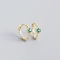 Elegant gold beaded huggie earrings with a green round gemstone inlay for women - 925 Silver / Green and Gold