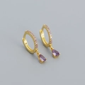 Gold-plated S925 silver hoop earrings with teardrop purple crystal and pavé zircon stones - Golden (Purple Stone) / 925 Silver