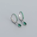 S925 silver hoop earrings with small green zircons and pear-shaped emerald drop pendants - Platinum (Green Zirconia) / 925 Silver