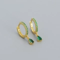 French style gold plated S925 silver hoop earrings with teardrop green gems - Golden (Green Stone) / 925 Silver