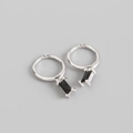 S925 sterling silver hoop earrings with rectangular black zircon pendants - Black Stone Silver Plated