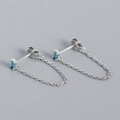 S925 sterling silver chain stud earrings with rectangle turquoise stones for women - 925 Silver / Platinum (Turquoise Stone)