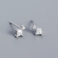 S925 silver stud earrings featuring square and round zircon stones in a prong setting - Platinum (White Stone)