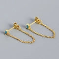 S925 silver gold-plated chain earrings with square turquoise stone and tassel link - 925 Silver / Gold (Turquoise Stone)