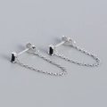 S925 sterling silver stud earrings with black zircon stones and delicate tassel chain - 925 Silver / White Gold (Black Stone)