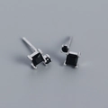 Minimalist s925 silver stud earrings with black square zircon in a classic four-prong setting - White Gold (Black Stone)