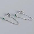 Silver chain earrings with rectangular green gemstone and tassel accents for women - 925 Silver / Platinum (Green Zirconia)