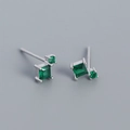 S925 silver stud earrings featuring geometric emerald green zircon stones in square and round shapes - Platinum (Green Zirconia)