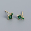S925 silver square and round emerald green zircon stud earrings in gold finish - Golden (Green Stone)